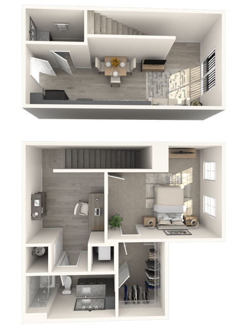 Floor plan for 1 bed, 1.5 baths, 947 sqft